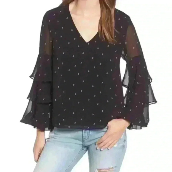 WAYF Micah Ruffle Sleeve Black White Crescent Moon Print Blouse sz small - Picture 1 of 7